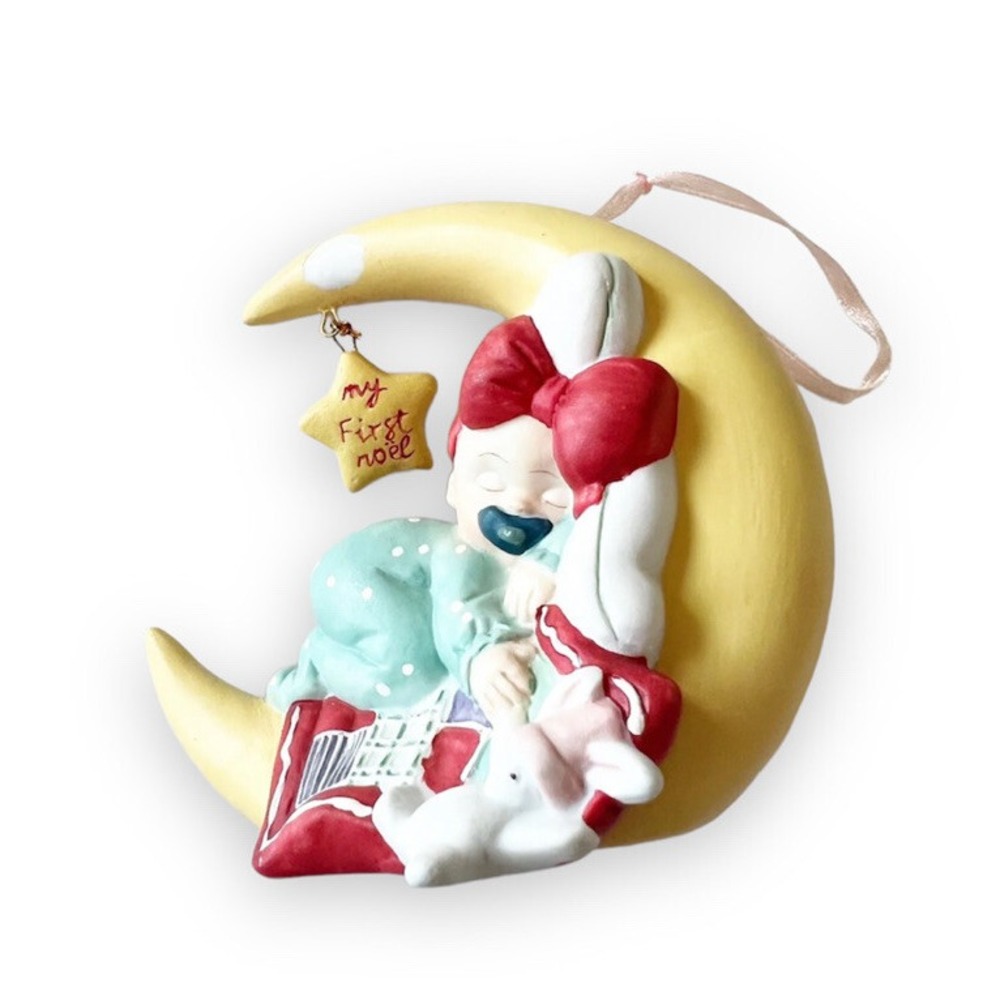 Vintage Silvestri Sleeping Baby Girl Ornament My First Noel Red Bow Moon Holiday
